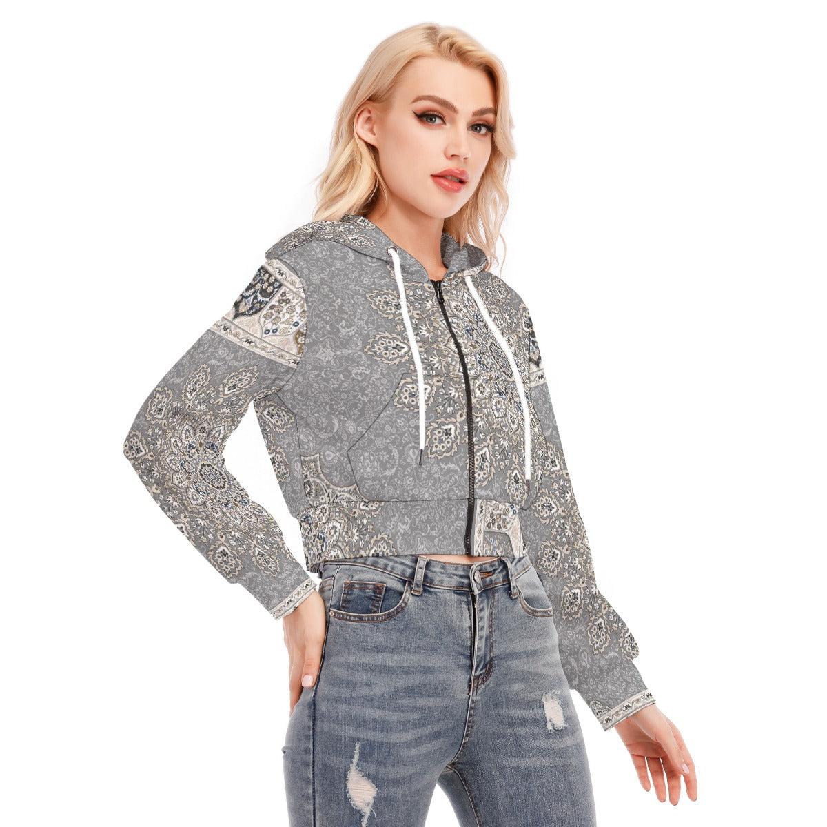 All-Over Print Women's Crop Top Hoodie With Zipper Closure