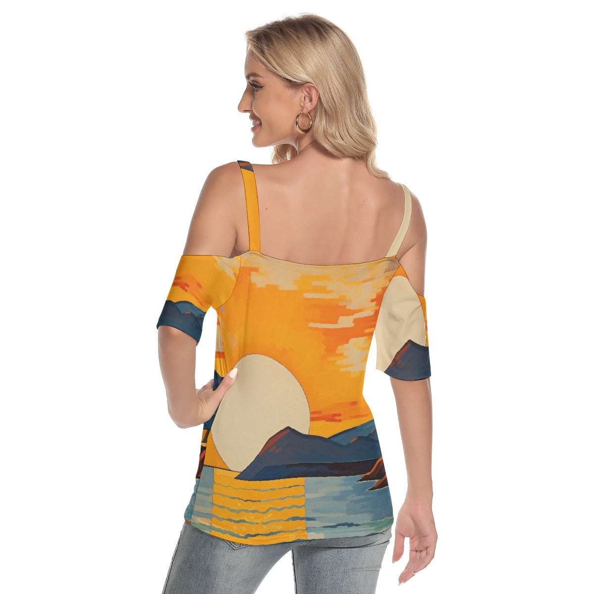 All-Over Print Women's Cold Shoulder T-shirt With Criss Cross Strips