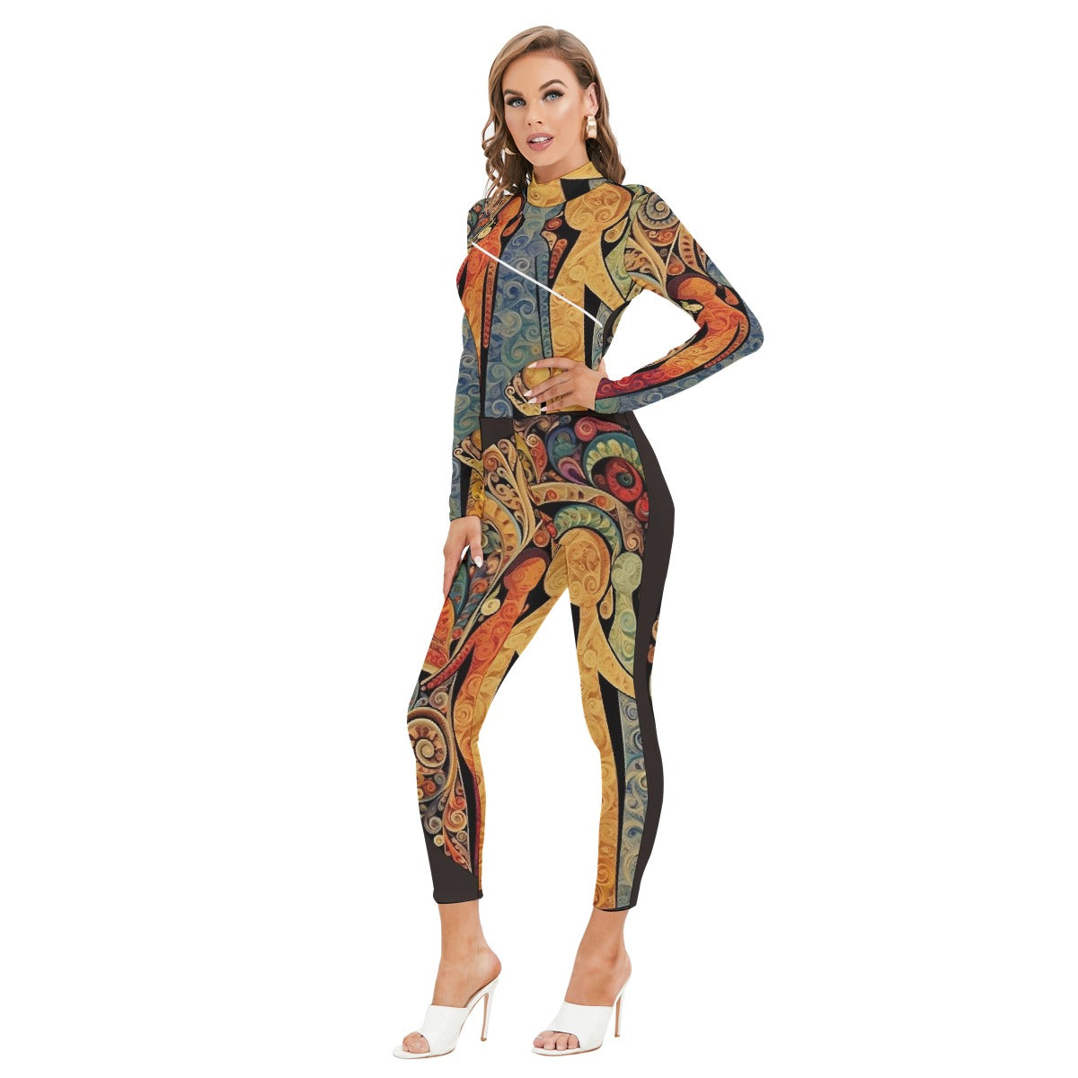 All-Over Print Women's Long-sleeved High-neck Jumpsuit With Zipper