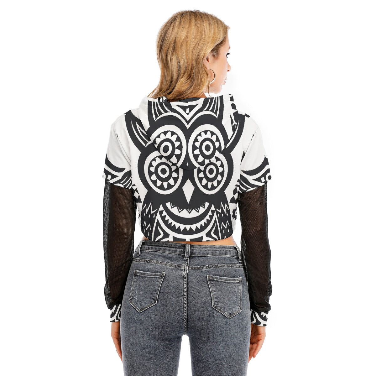All-Over Print Women's Fake Two-piece Mesh Sleeve Cropped Hoodie