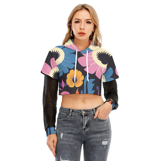 All-Over Print Women's Fake Two-piece Mesh Sleeve Cropped Hoodie