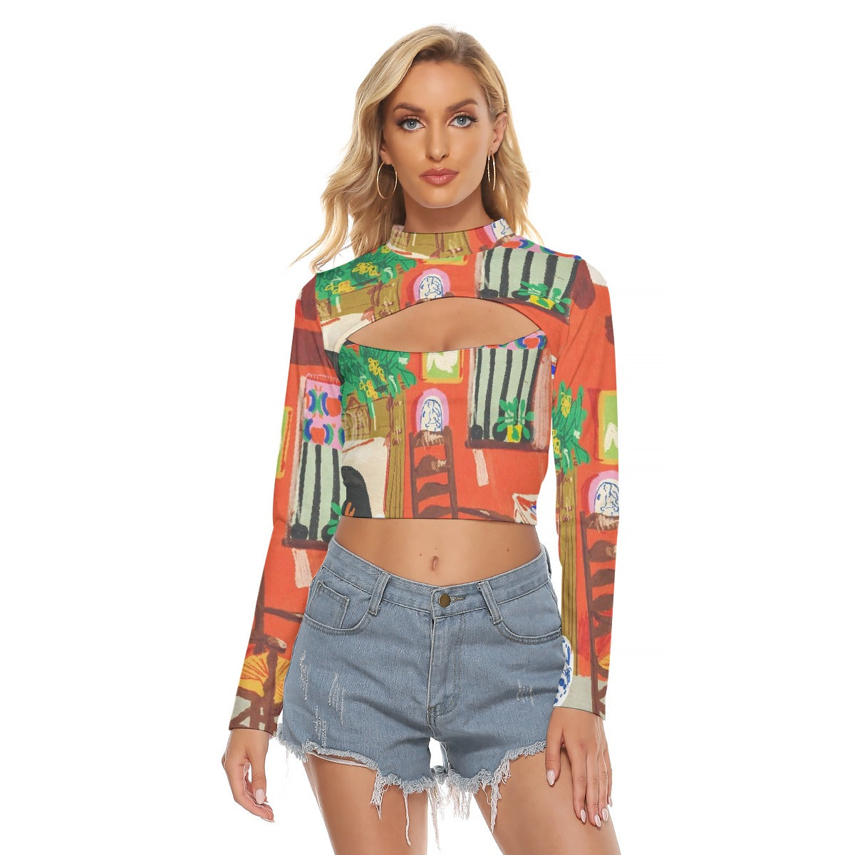 All-Over Print Women's Hollow Chest Keyhole Tight Crop Top