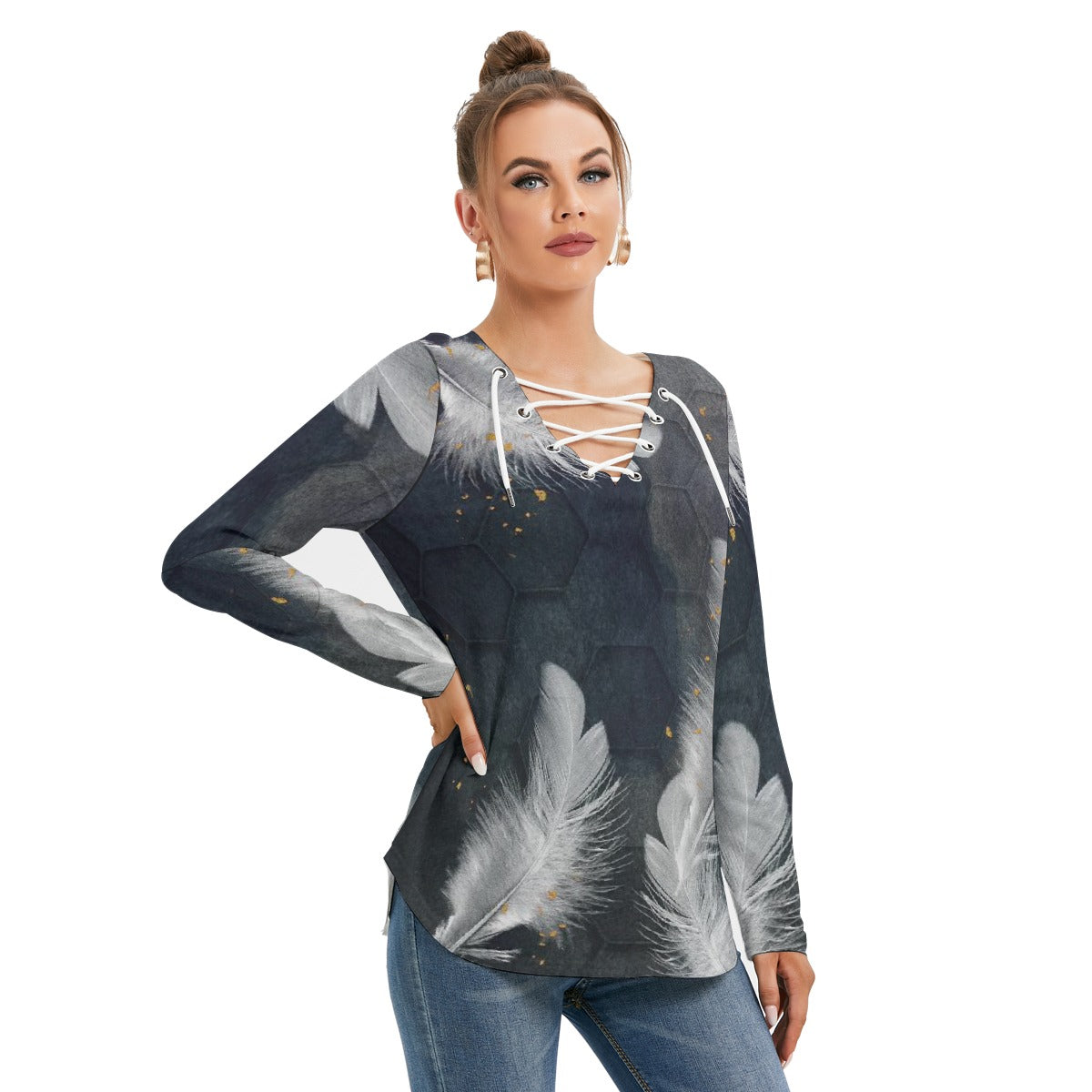 All-Over Print Women's Long Sleeve Neckline Tie Sweatshirt