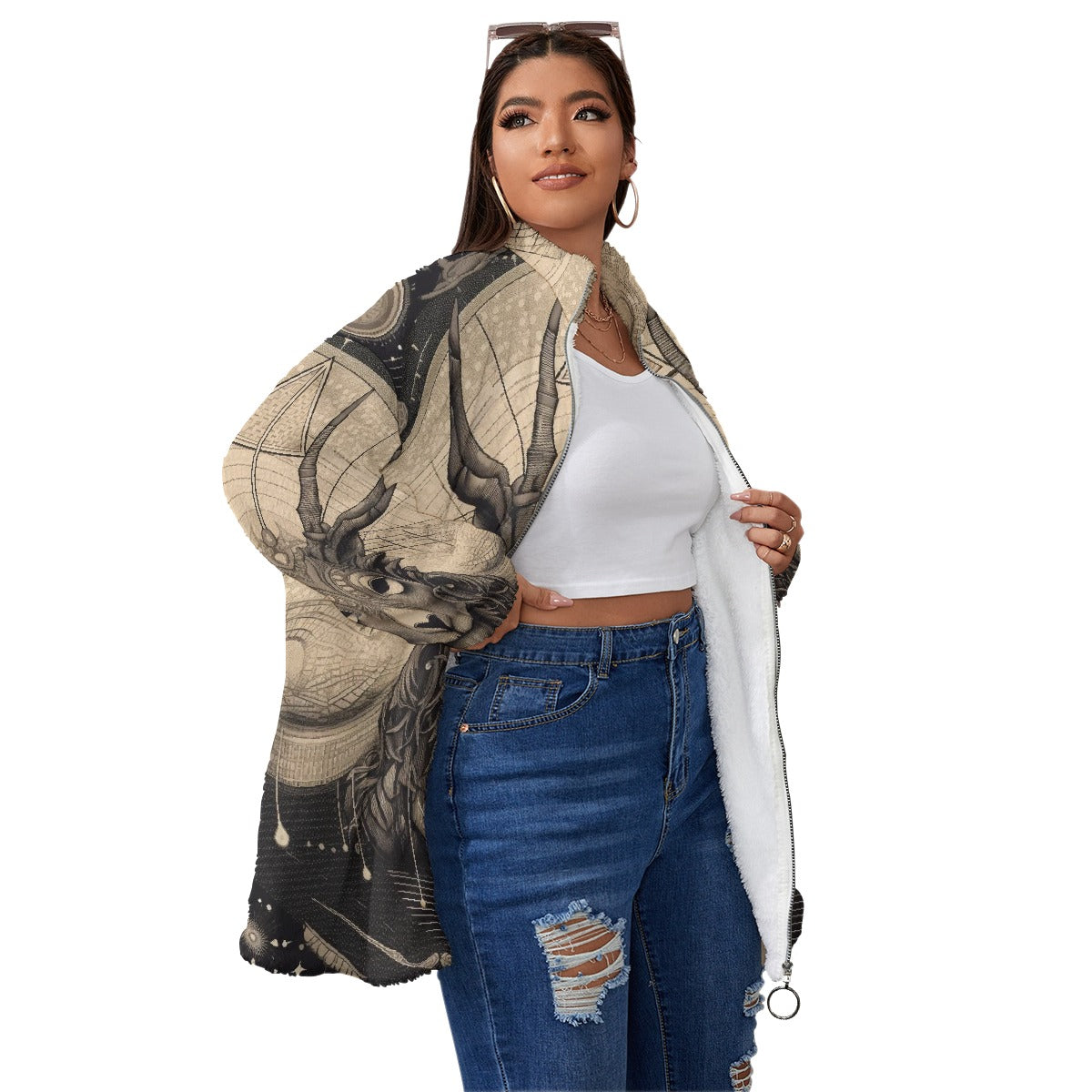 All-Over Print Unisex Borg Fleece Stand-up Collar Coat With Zipper Closure(Plus Size)