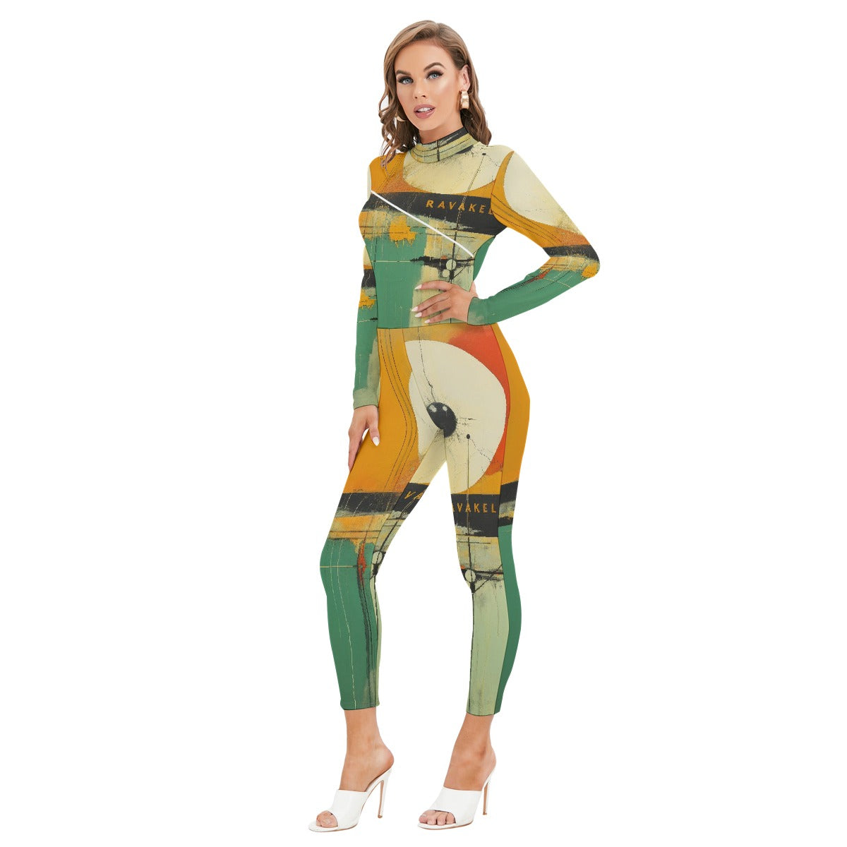 All-Over Print Women's Long-sleeved High-neck Jumpsuit With Zipper