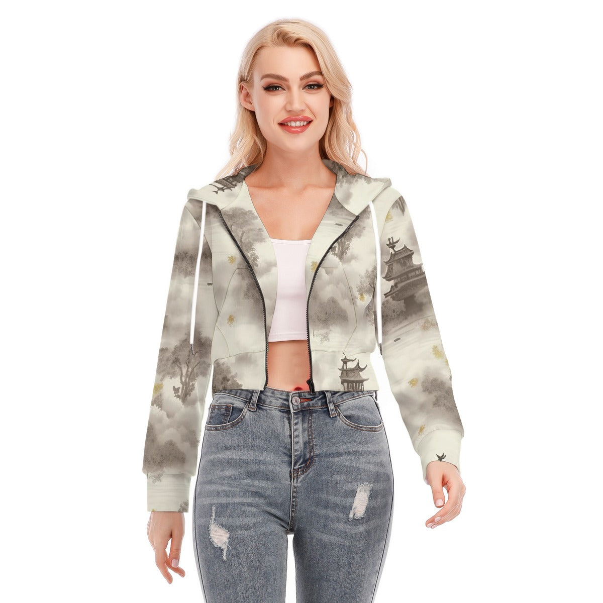 All-Over Print Women's Crop Top Hoodie With Zipper Closure