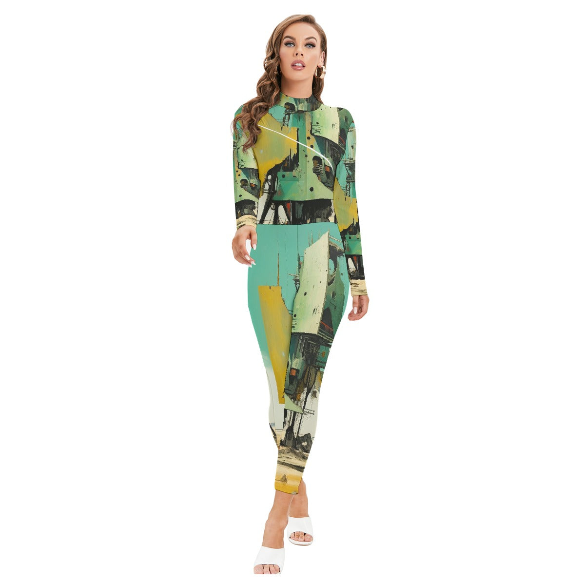 All-Over Print Women's Long-sleeved High-neck Jumpsuit With Zipper