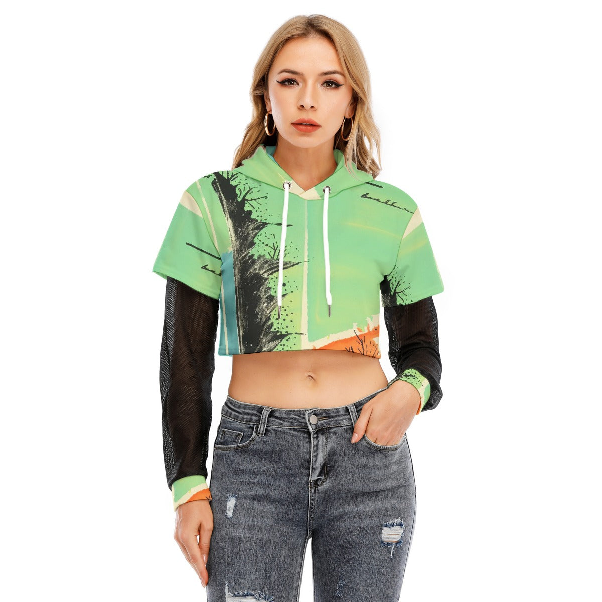 All-Over Print Women's Fake Two-piece Mesh Sleeve Cropped Hoodie