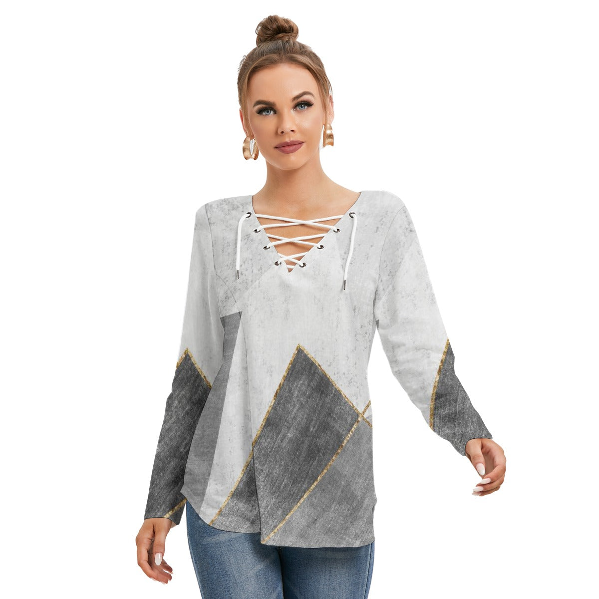 All-Over Print Women's Long Sleeve Neckline Tie Sweatshirt
