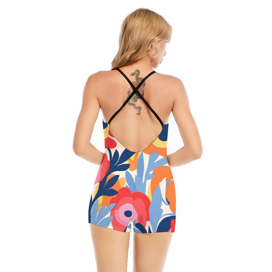 All-Over Print Women's Backless Romper With Black Straps