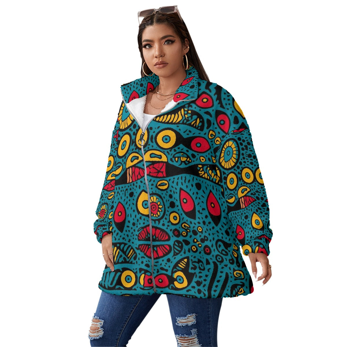 All-Over Print Unisex Borg Fleece Stand-up Collar Coat With Zipper Closure(Plus Size)