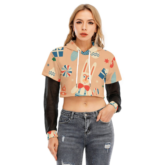 All-Over Print Women's Fake Two-piece Mesh Sleeve Cropped Hoodie