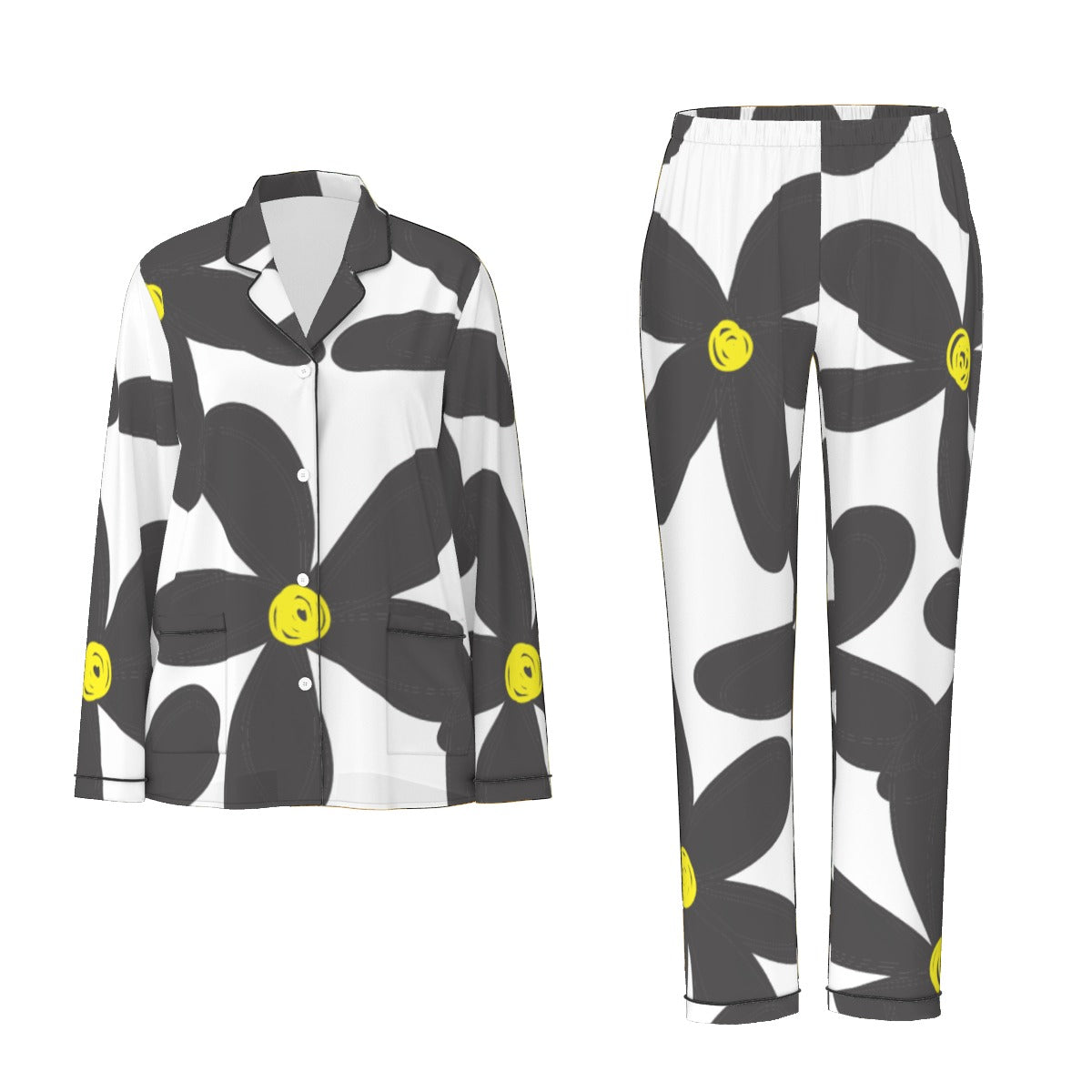 All-Over Print Women's Long Sleeve Pajama Set With Black Contrast Piping