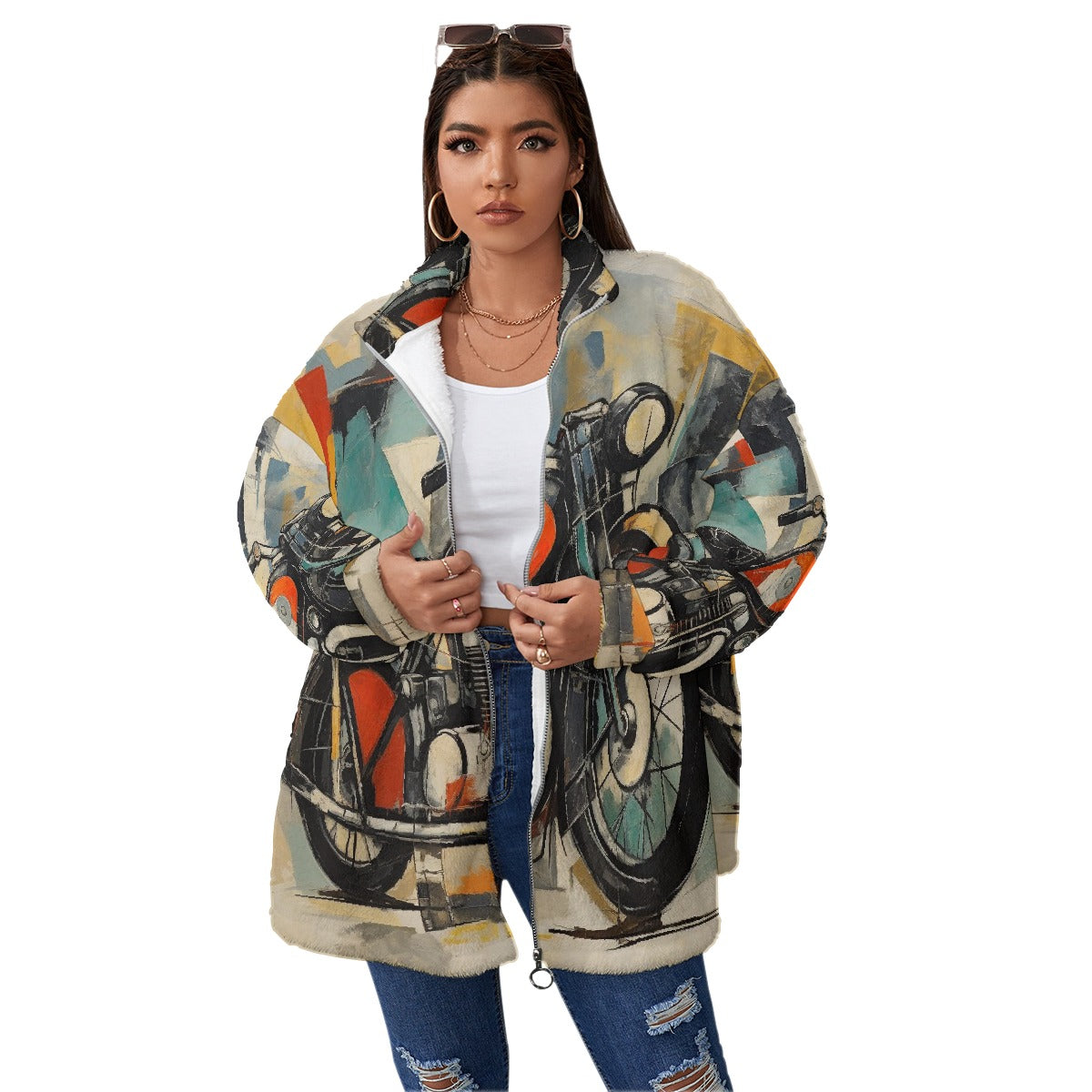 All-Over Print Unisex Borg Fleece Stand-up Collar Coat With Zipper Closure(Plus Size)