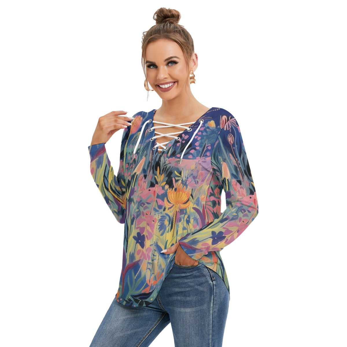 All-Over Print Women's Long Sleeve Neckline Tie Sweatshirt