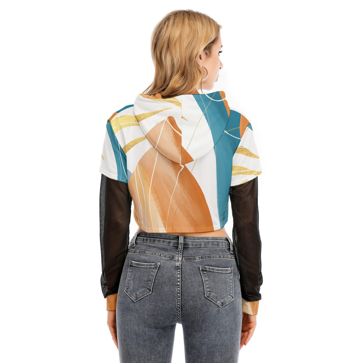 All-Over Print Women's Fake Two-piece Mesh Sleeve Cropped Hoodie
