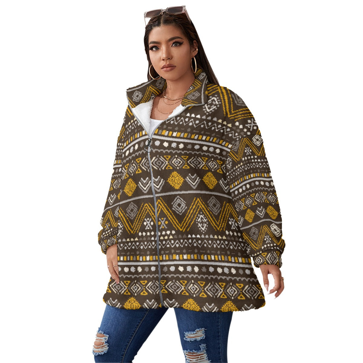 All-Over Print Unisex Borg Fleece Stand-up Collar Coat With Zipper Closure(Plus Size)