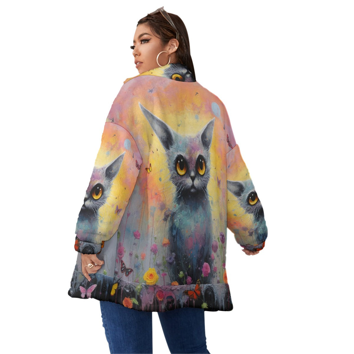 All-Over Print Unisex Borg Fleece Stand-up Collar Coat With Zipper Closure(Plus Size)