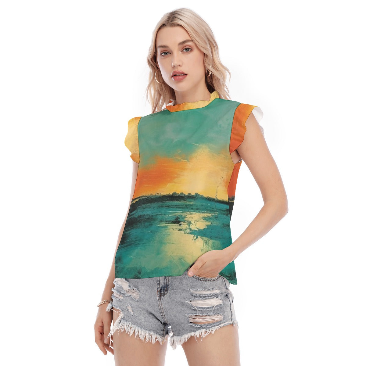 All-Over Print Women's Blouse With Ruffle Collar And Sleeve