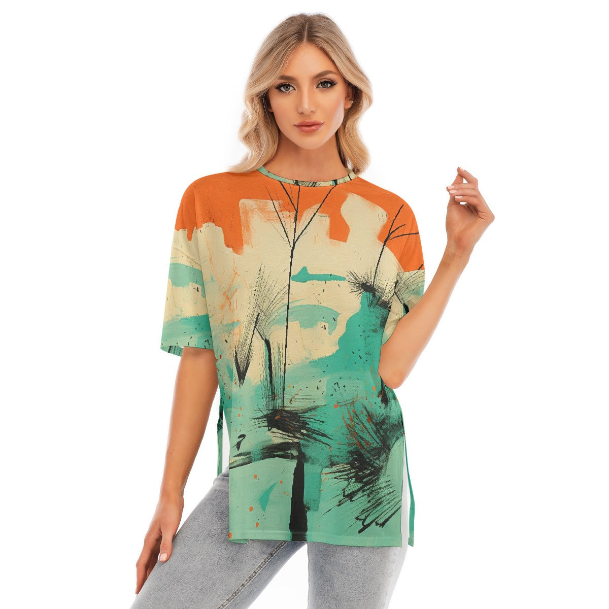 All-Over Print Women's Short Sleeves T-shirt With Hem Split
