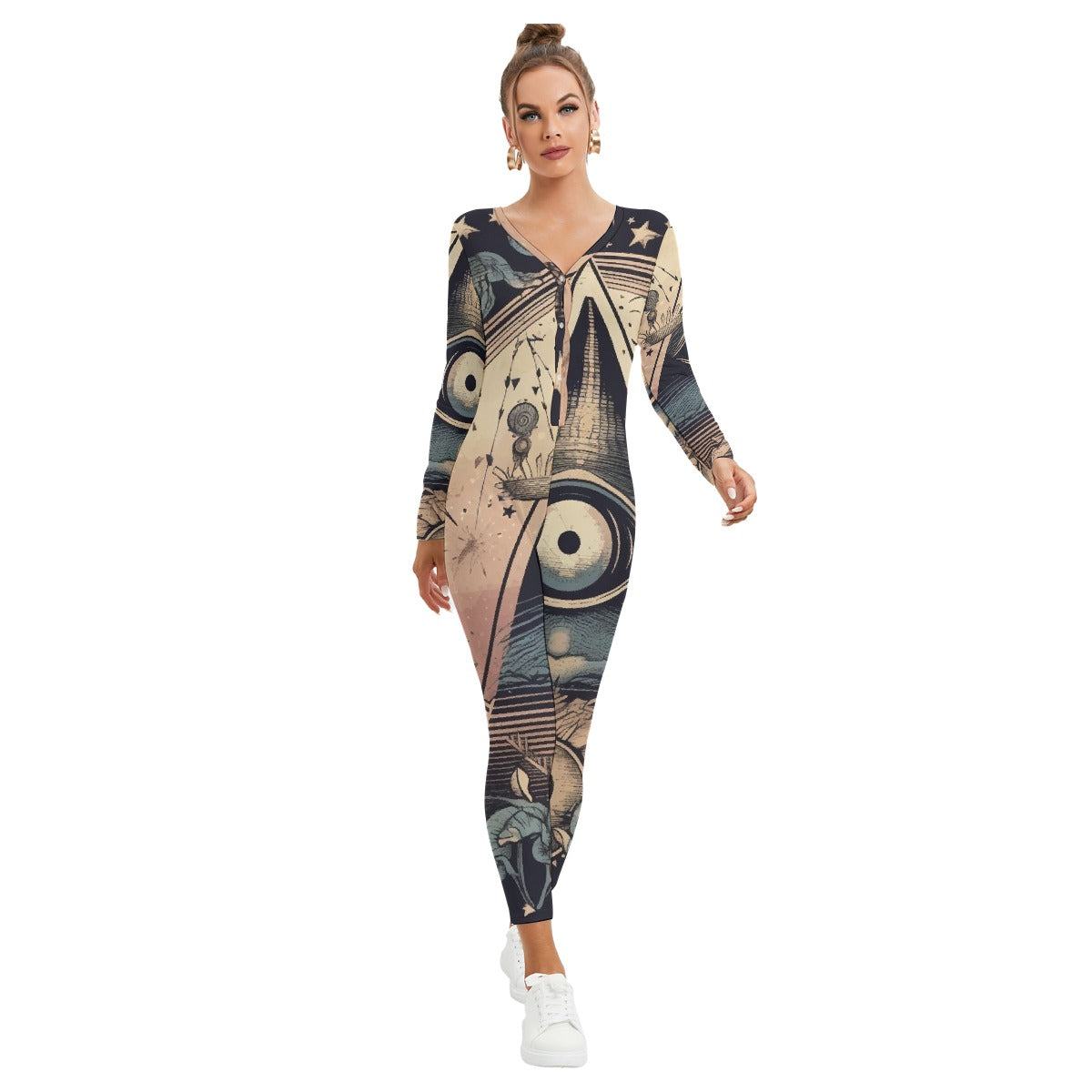 All-Over Print Women's Plunging Neck Jumpsuit
