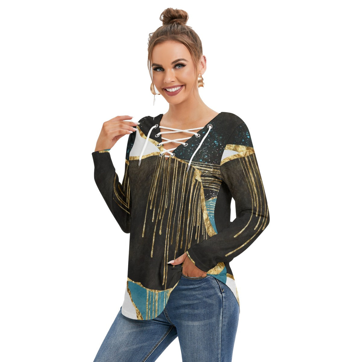 All-Over Print Women's Long Sleeve Neckline Tie Sweatshirt