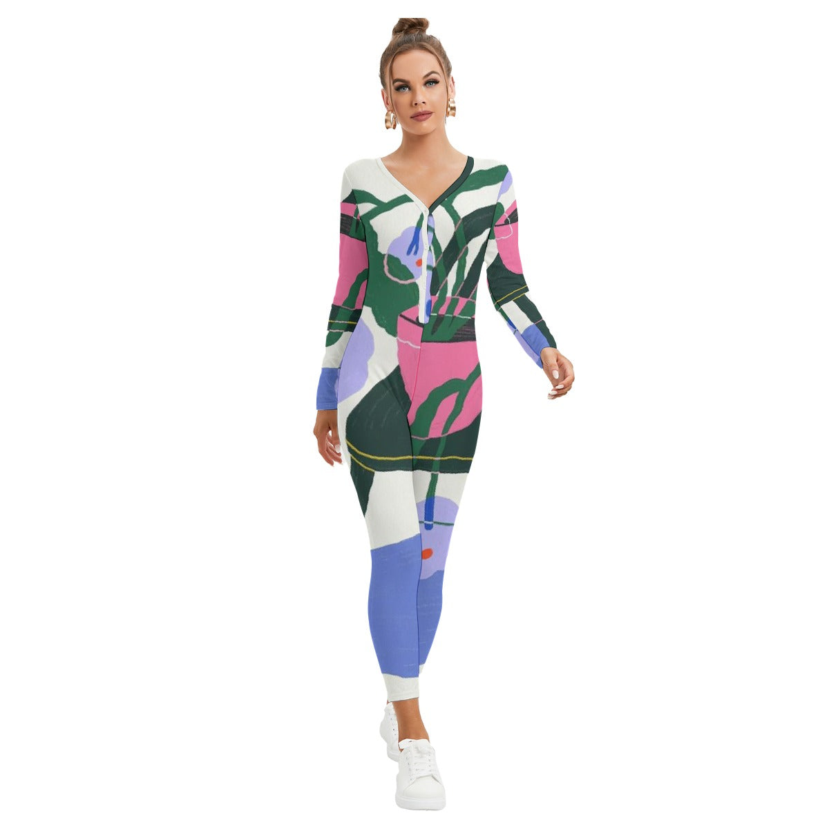 All-Over Print Women's Plunging Neck Jumpsuit
