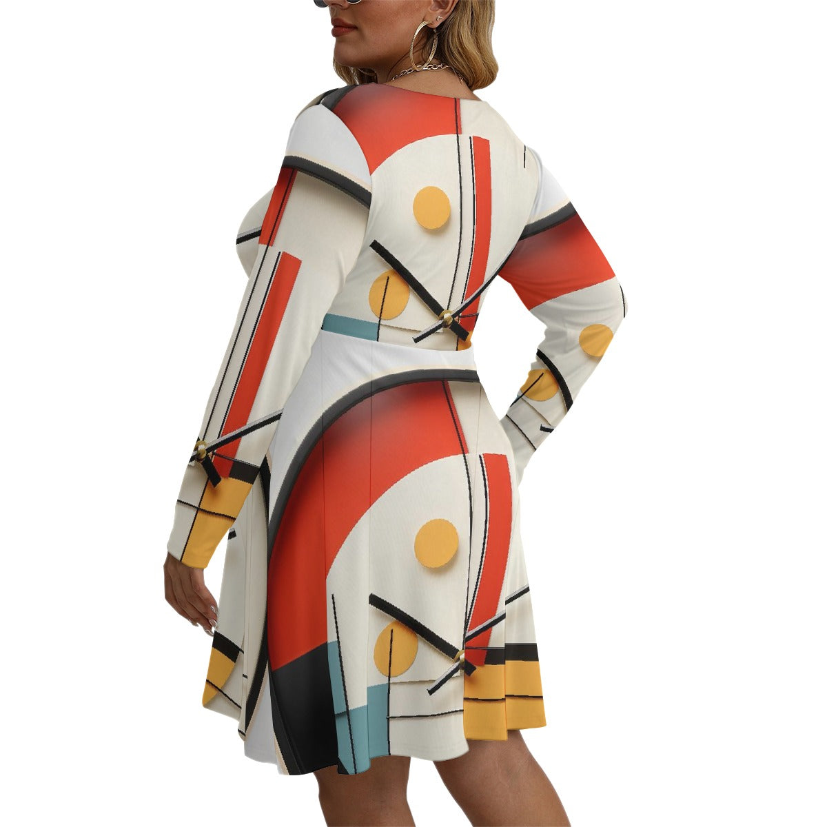 All-Over Print Women's V-neck Long Sleeve Dress(Plus Size)