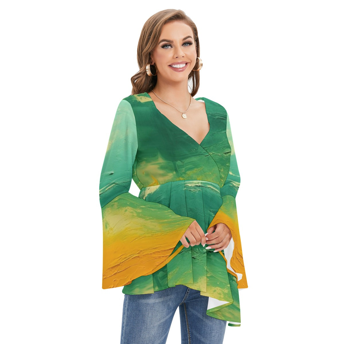 All-Over Print Women's V-neck Blouse With Flared Sleeves
