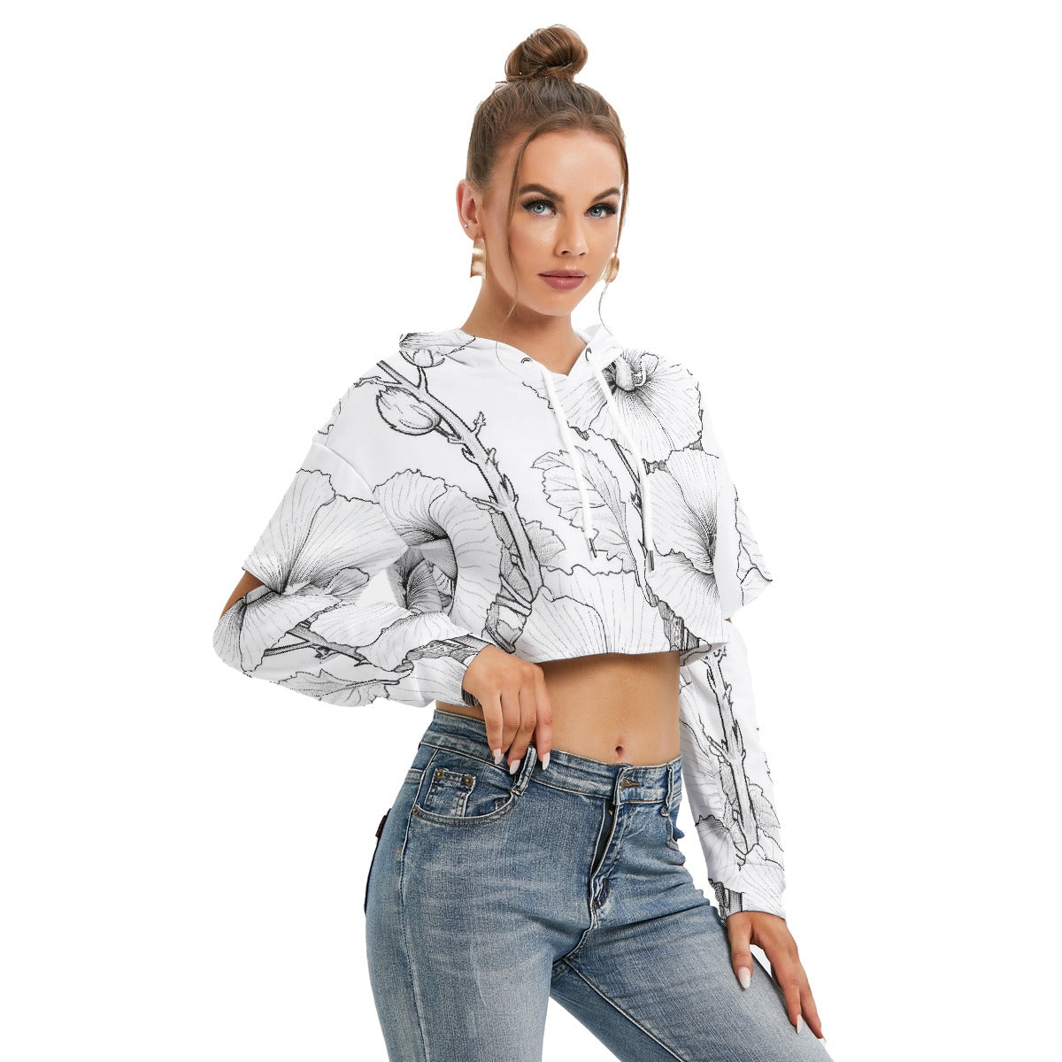 All-Over Print Women's Heavy Fleece Hoodie With Hollow Out Sleeve