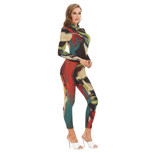 All-Over Print Women's Long-sleeved High-neck Jumpsuit With Zipper