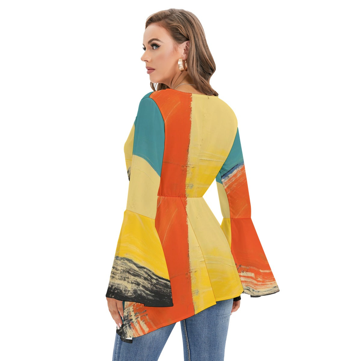 All-Over Print Women's V-neck Blouse With Flared Sleeves