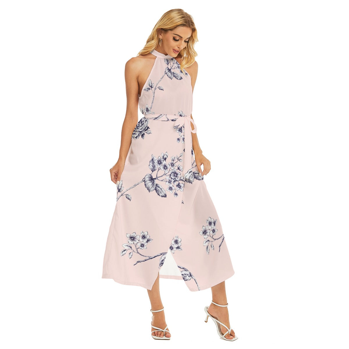 All-Over Print Women's Wrap Hem Belted Halter Dress