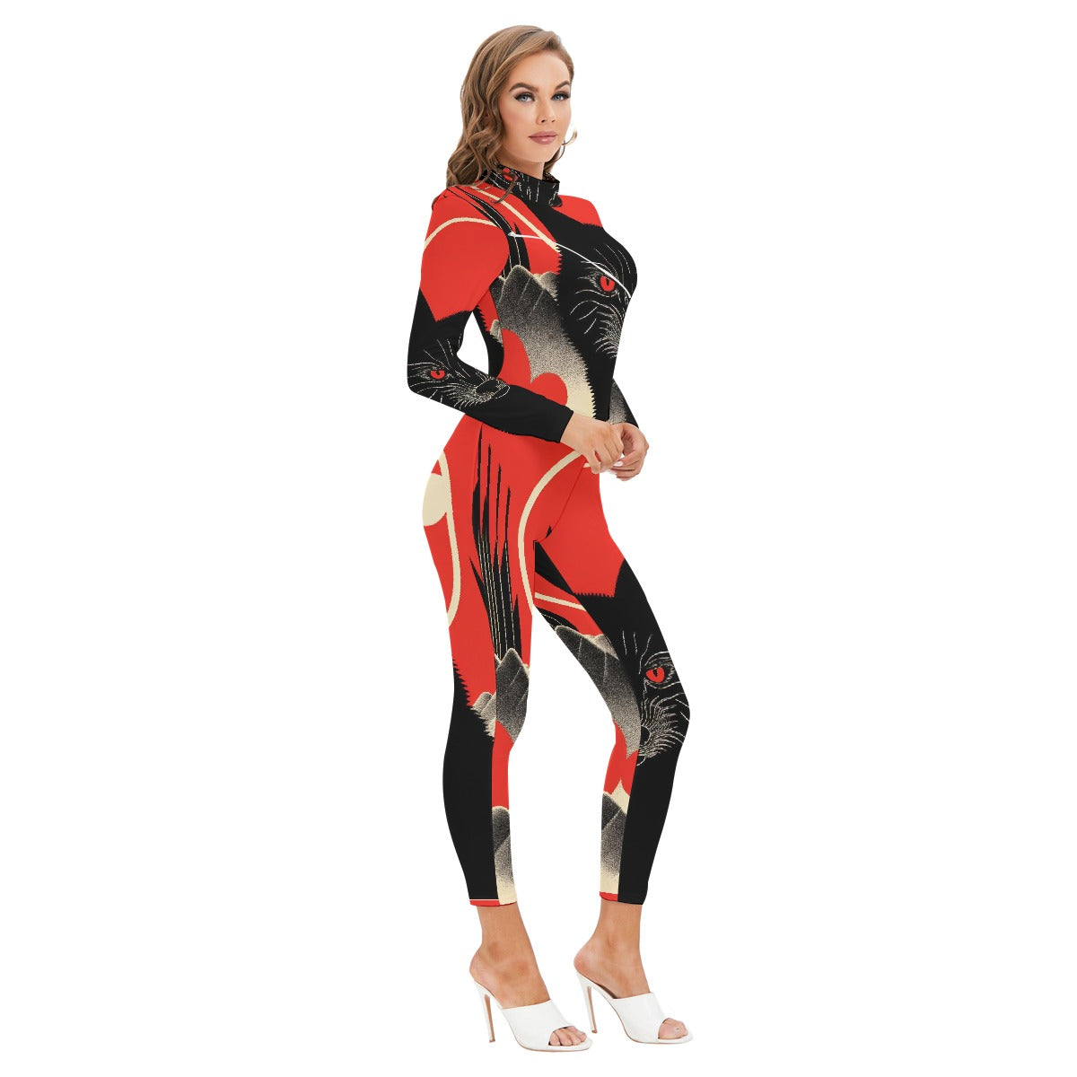 All-Over Print Women's Long-sleeved High-neck Jumpsuit With Zipper