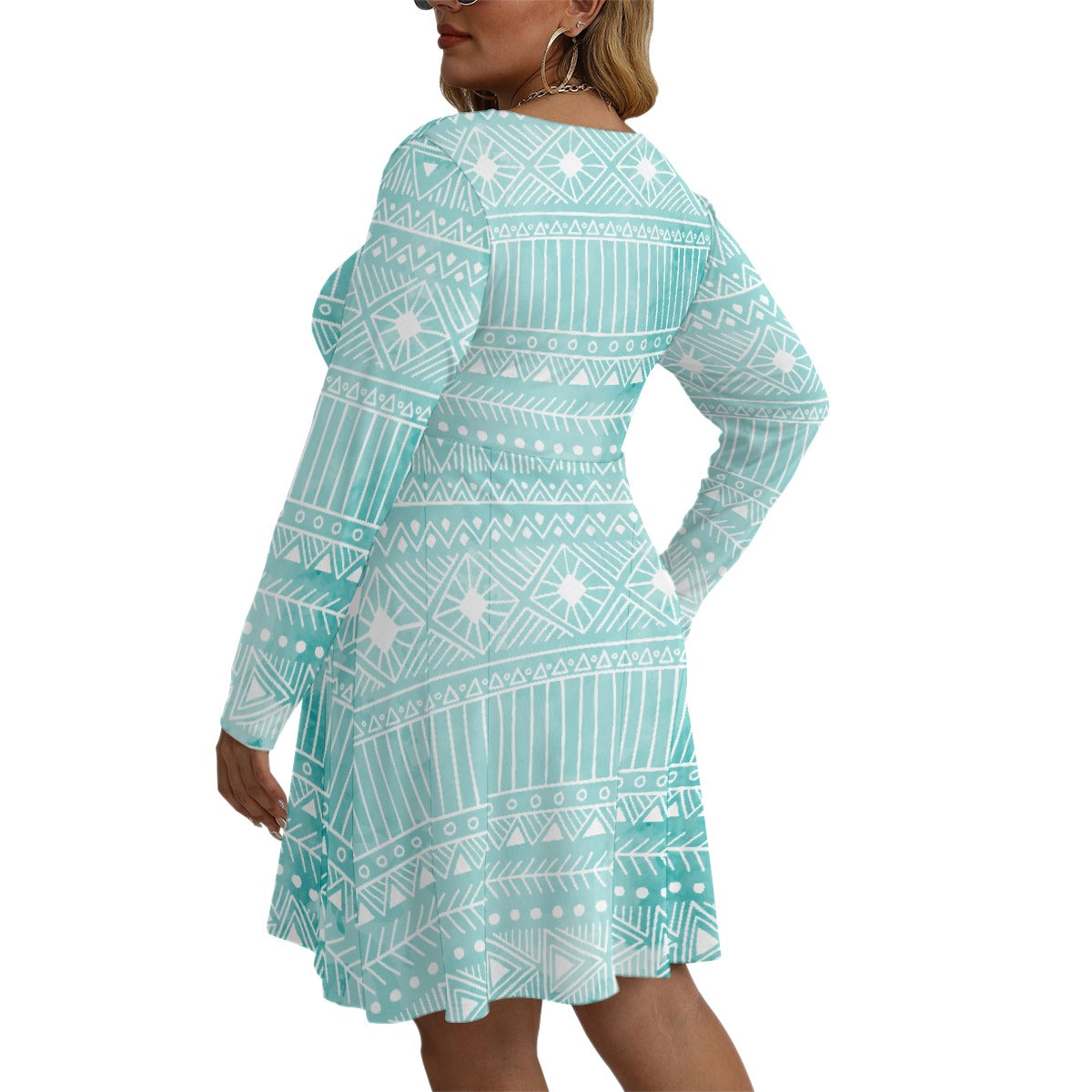 All-Over Print Women's V-neck Long Sleeve Dress(Plus Size)