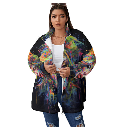All-Over Print Unisex Borg Fleece Stand-up Collar Coat With Zipper Closure(Plus Size)