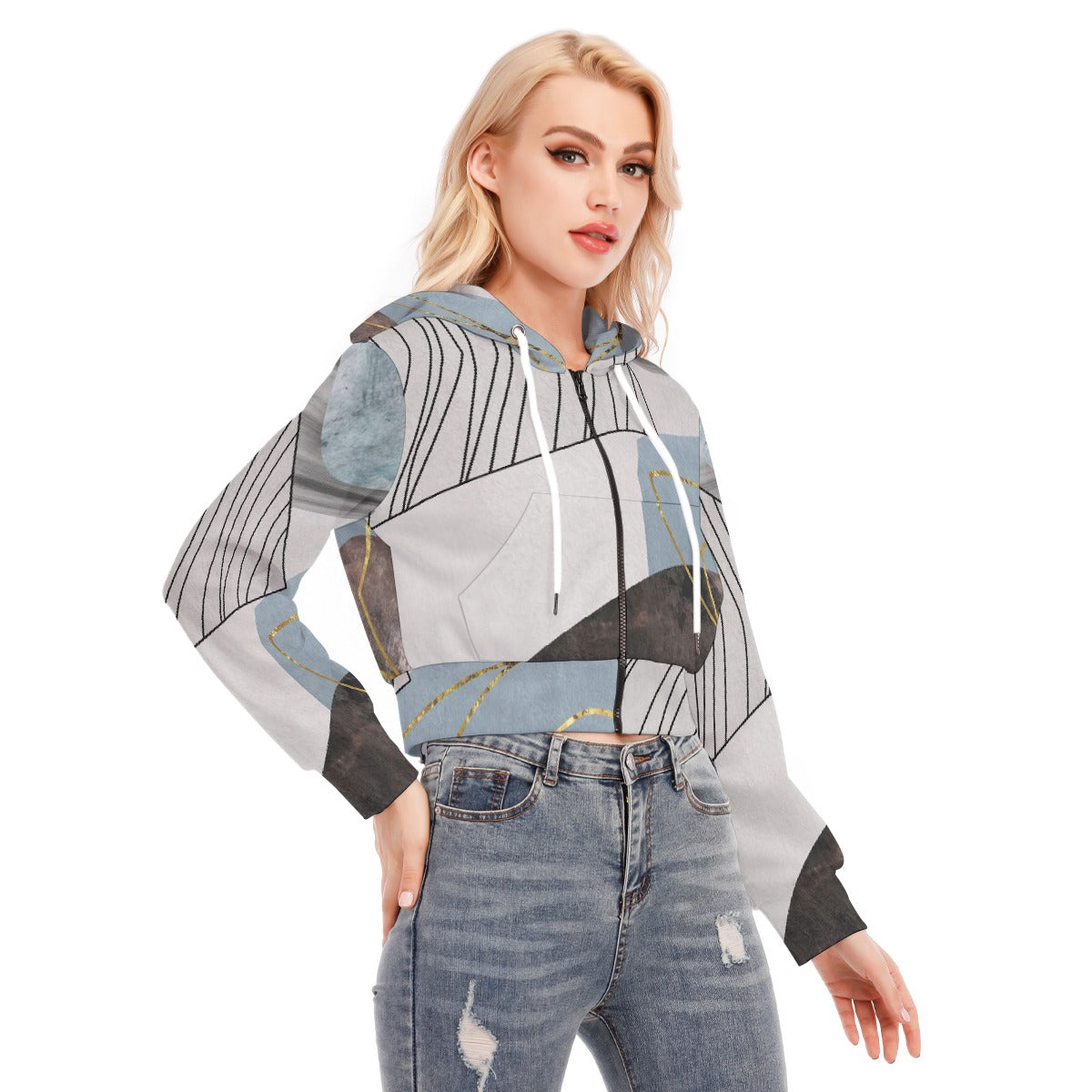 All-Over Print Women's Crop Top Hoodie With Zipper Closure