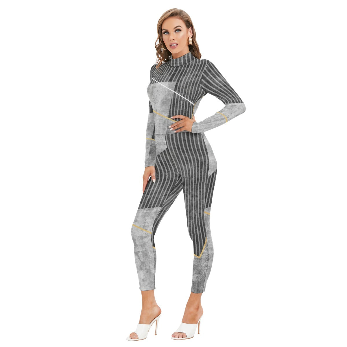 All-Over Print Women's Long-sleeved High-neck Jumpsuit With Zipper