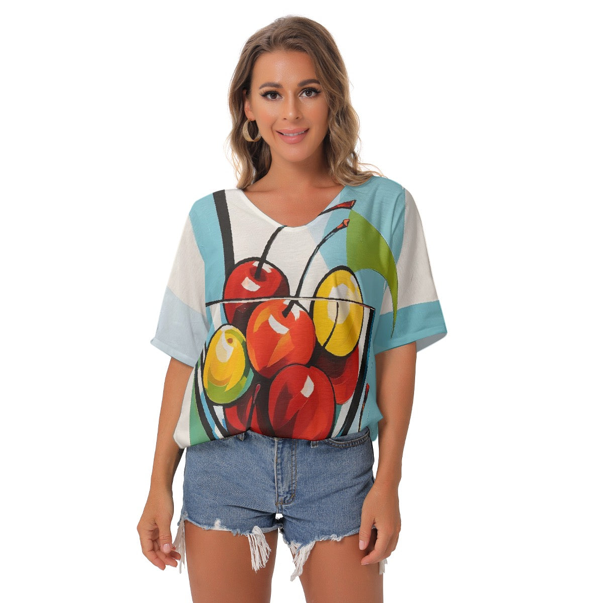 All-Over Print Women's Bat Sleeves V-Neck Blouse