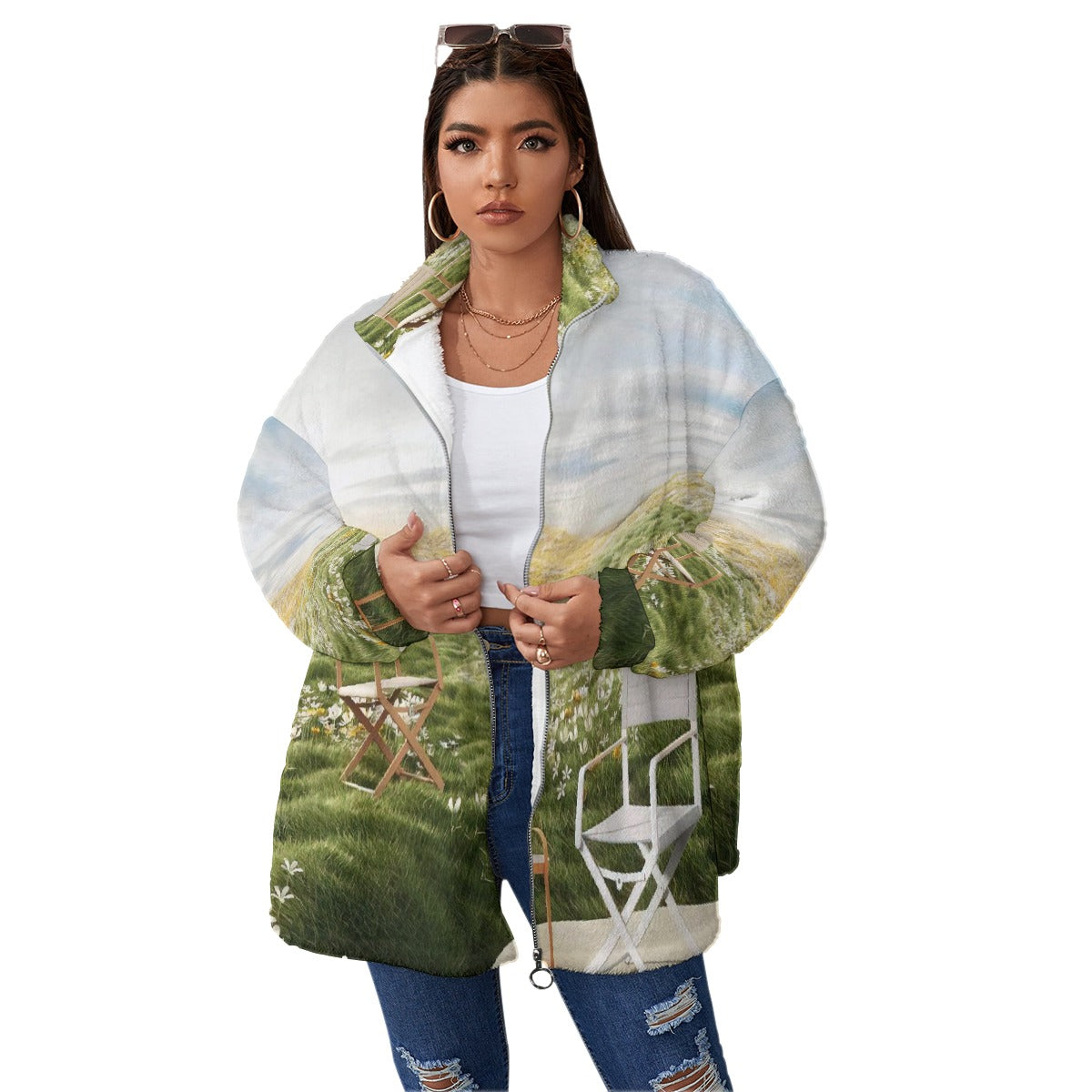 All-Over Print Unisex Borg Fleece Stand-up Collar Coat With Zipper Closure(Plus Size)