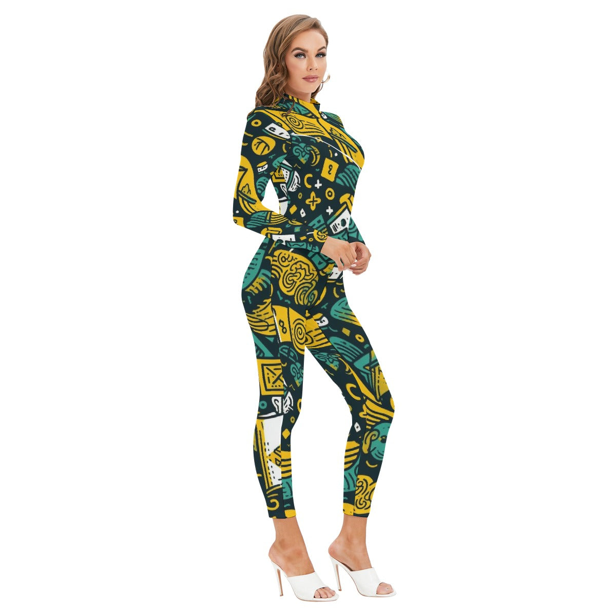 All-Over Print Women's Long-sleeved High-neck Jumpsuit With Zipper