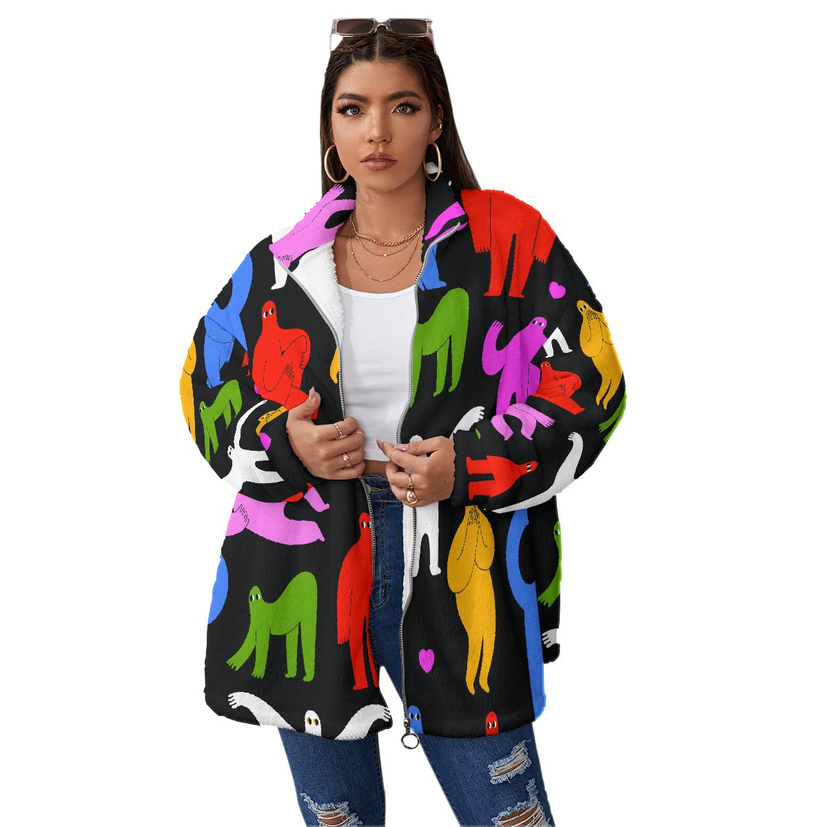All-Over Print Unisex Borg Fleece Stand-up Collar Coat With Zipper Closure(Plus Size)