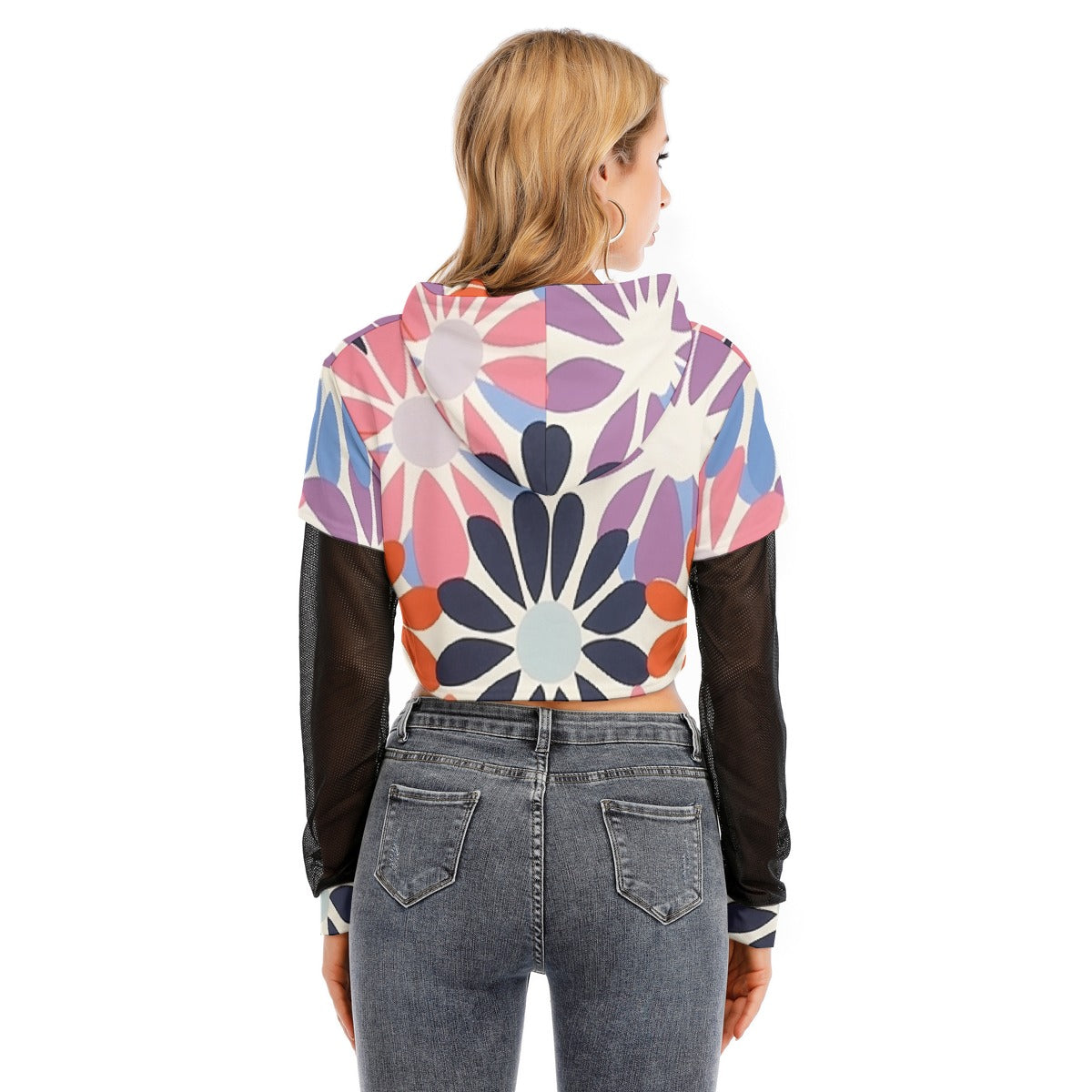 All-Over Print Women's Fake Two-piece Mesh Sleeve Cropped Hoodie