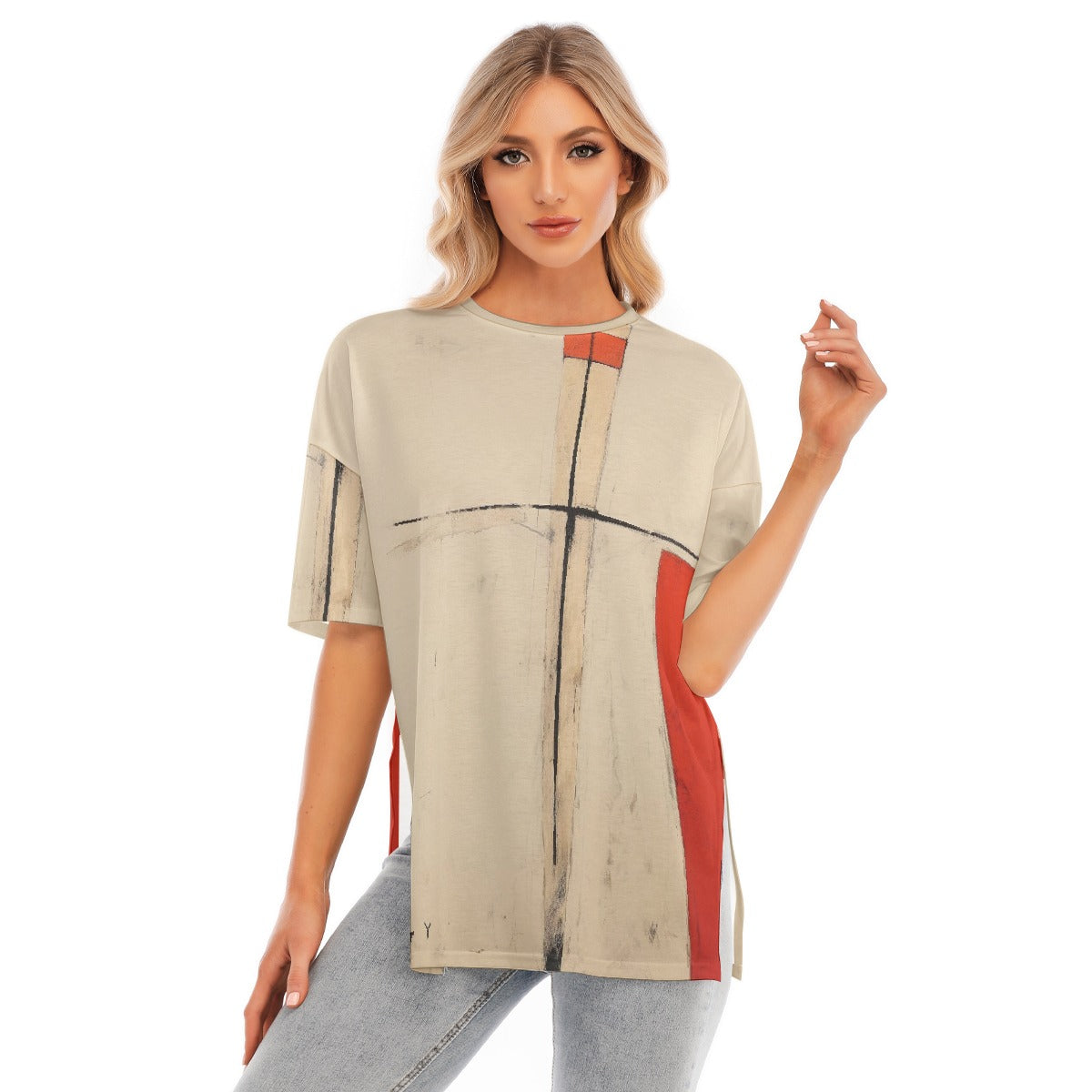 All-Over Print Women's Short Sleeves T-shirt With Hem Split