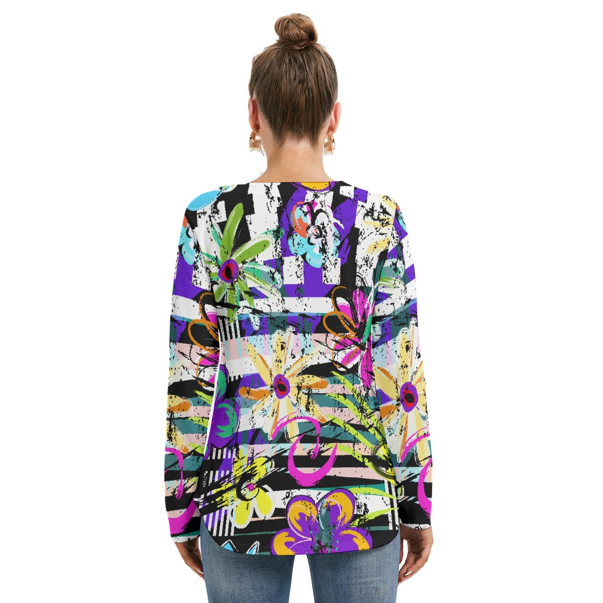 All-Over Print Women's Long Sleeve Neckline Tie Sweatshirt