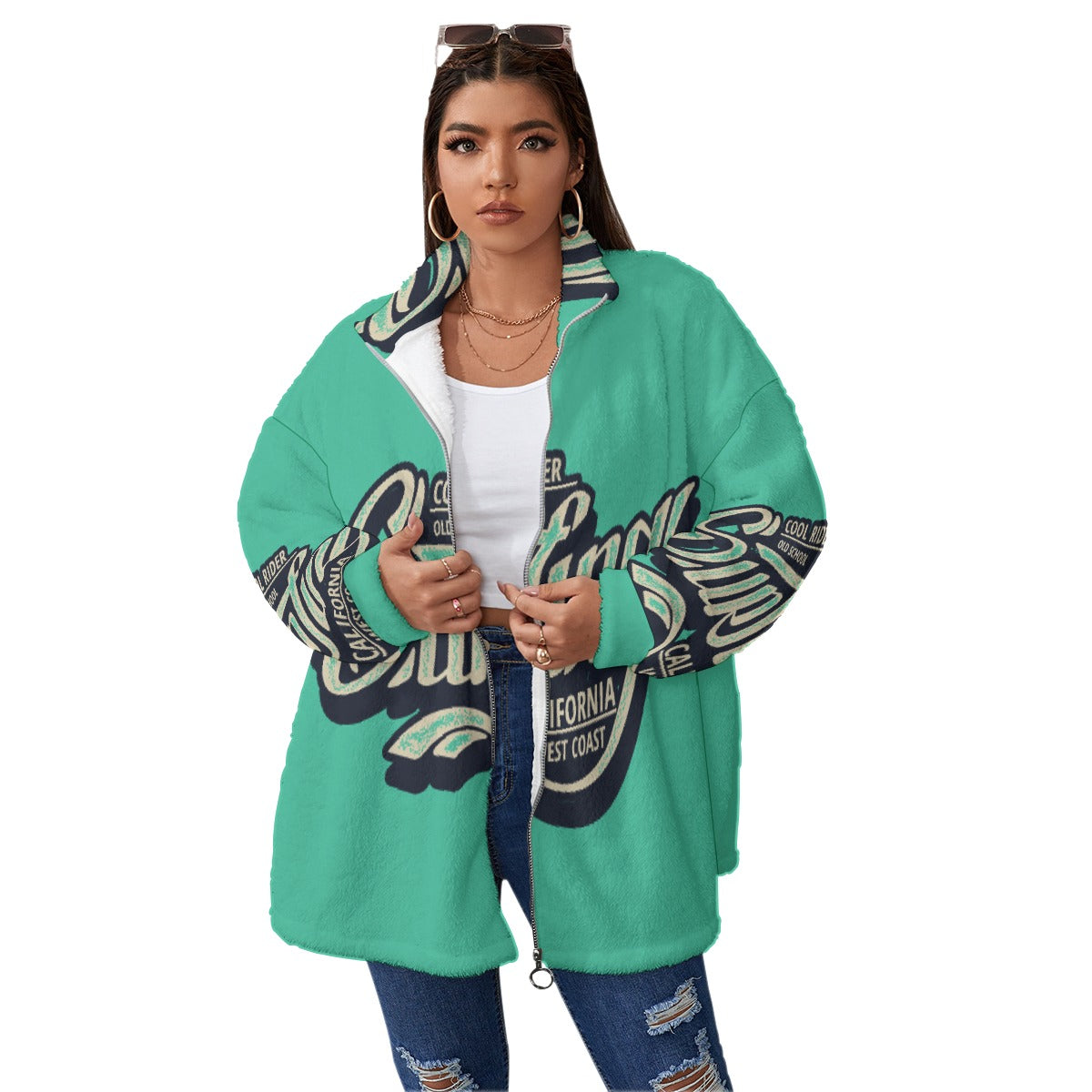 All-Over Print Unisex Borg Fleece Stand-up Collar Coat With Zipper Closure(Plus Size)