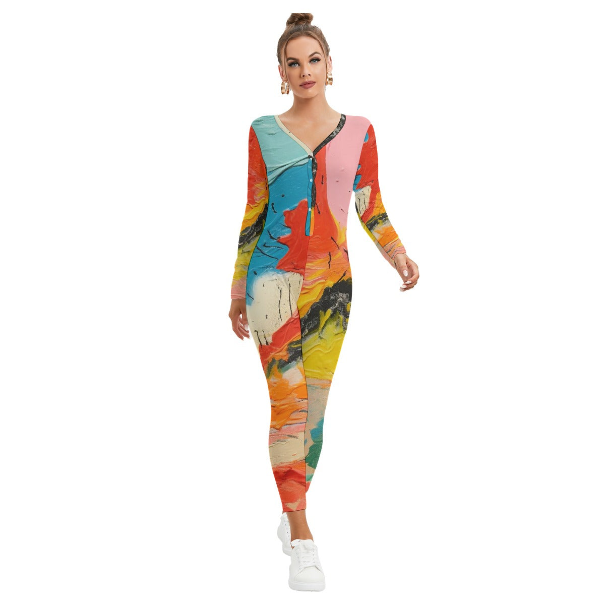 All-Over Print Women's Plunging Neck Jumpsuit
