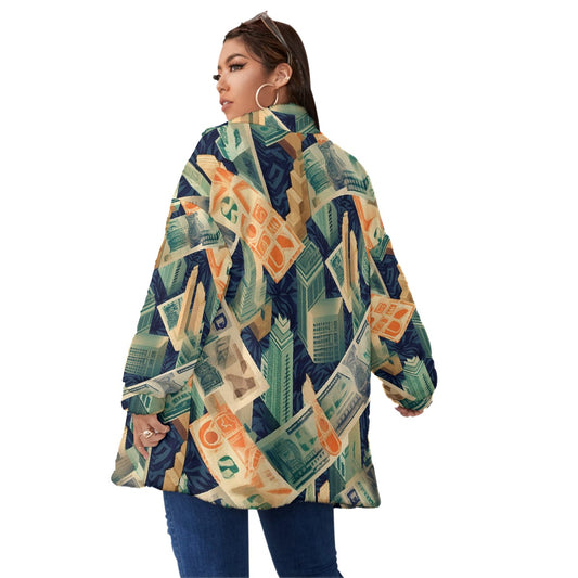 All-Over Print Unisex Borg Fleece Stand-up Collar Coat With Zipper Closure(Plus Size)