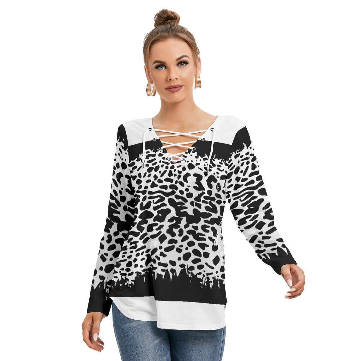 All-Over Print Women's Long Sleeve Neckline Tie Sweatshirt
