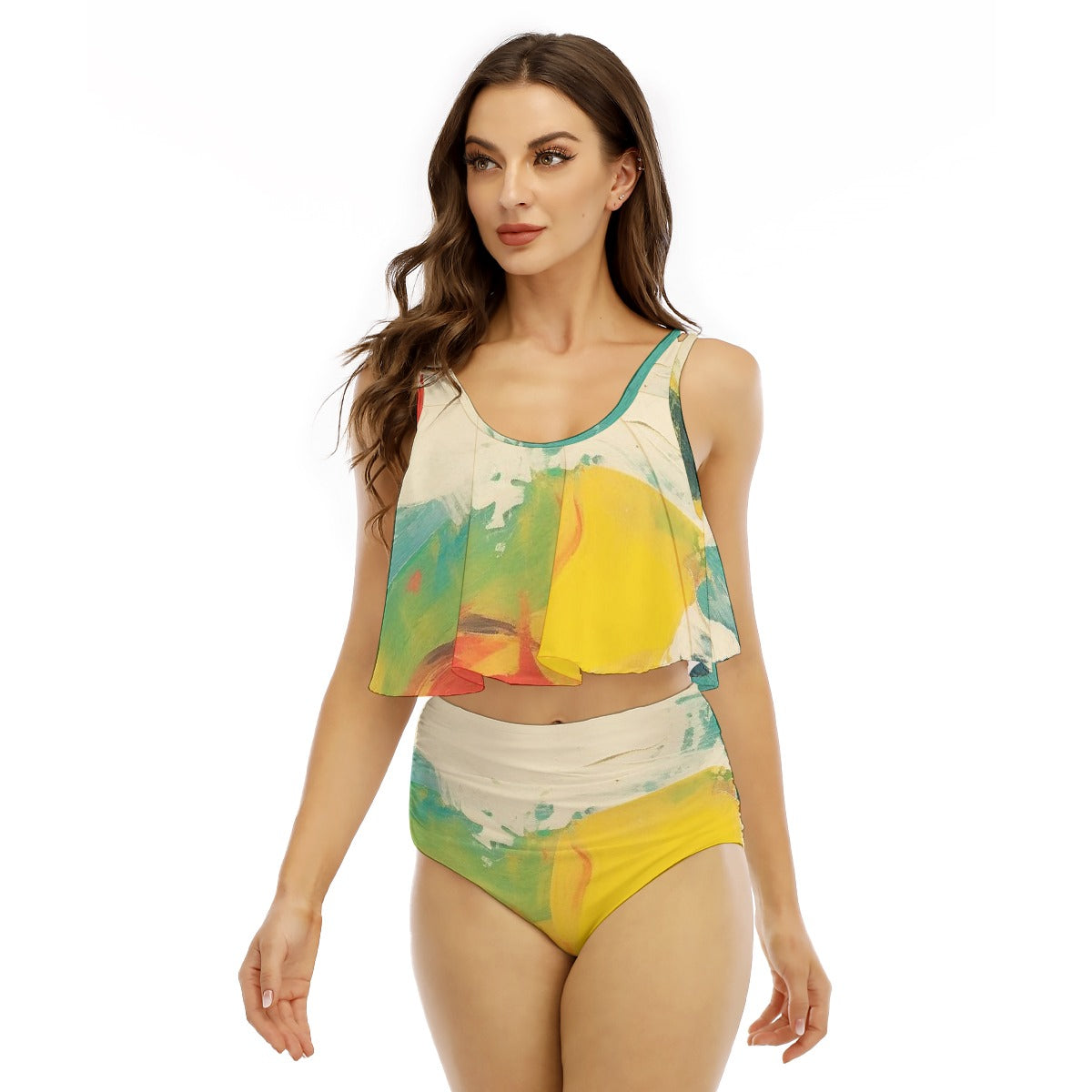 All-Over Print Women's Ruffled Vest Bikini Swimsuit